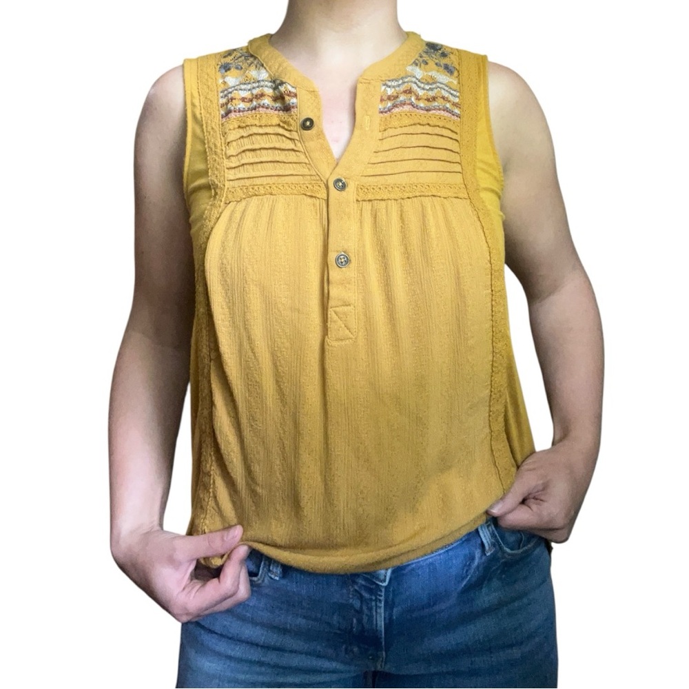 KNOX ROSE Mustard Yellow Sleeveless Boho Embroidered Top Size Small